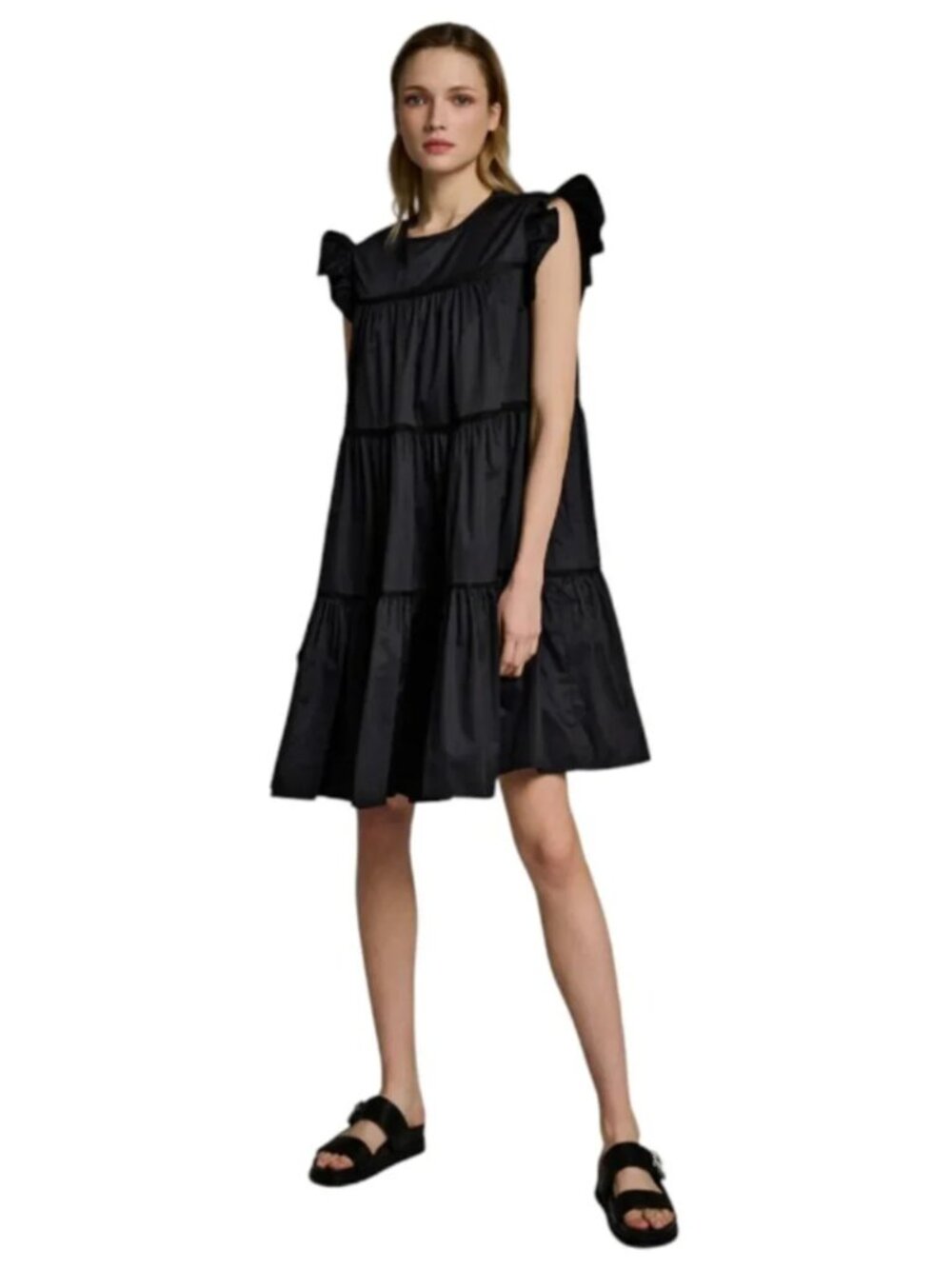 Devotion Twins Hope Mini Shift Dress Womens Small Black Crew Neck Cotton Poplin
